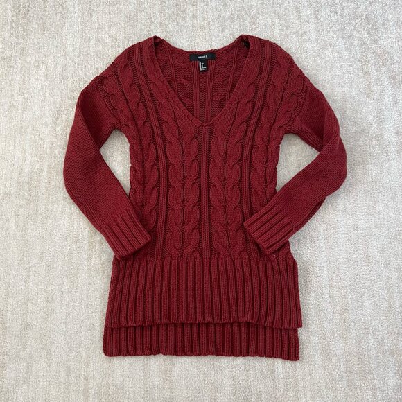 Forever 21 Cotton Chunky Cable Knit Red V-Neck Long Tunic Sweater S - Picture 1 of 9